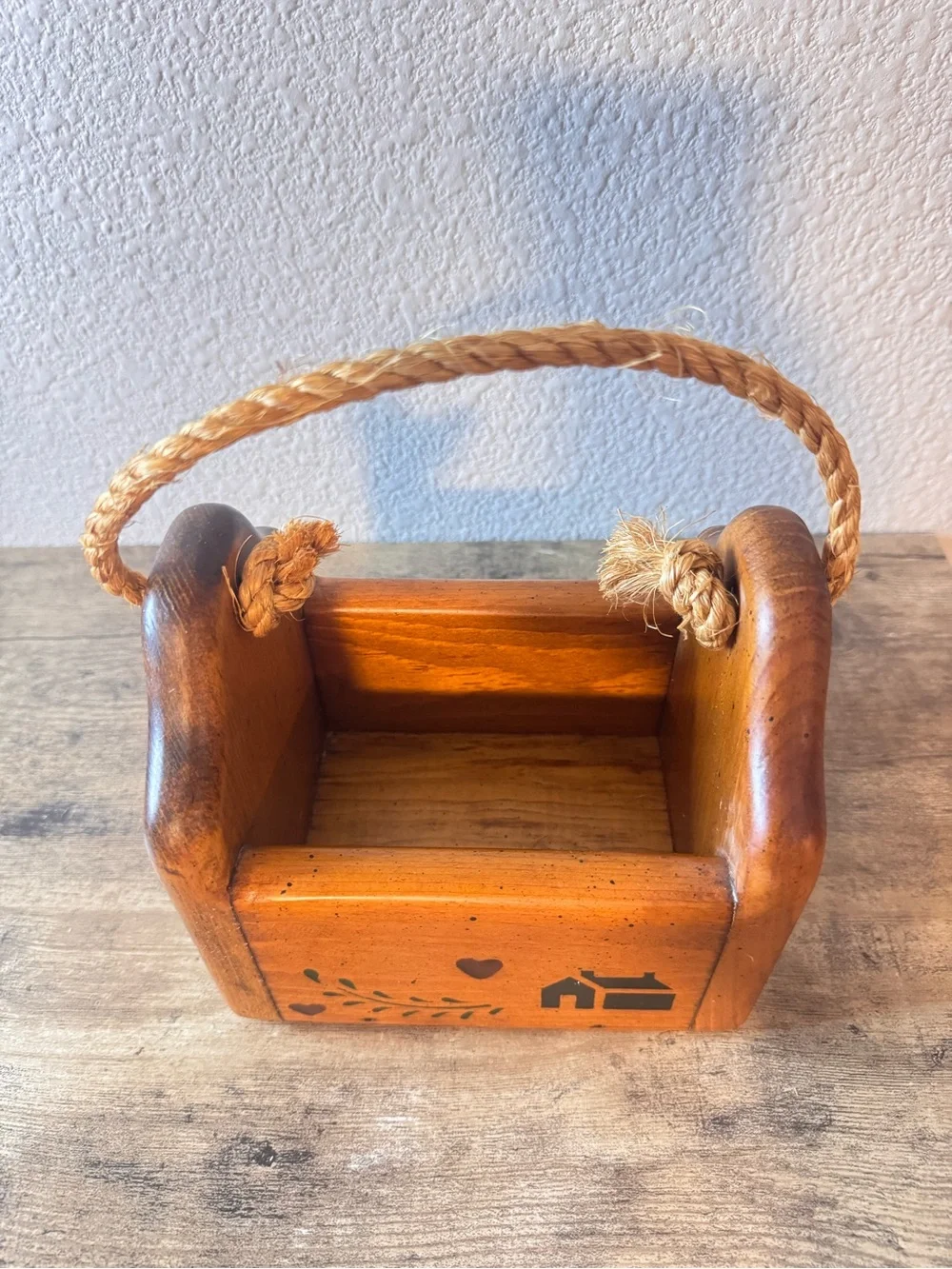 Hand-Painted Rustic Wooden Caddy in Warm Honey Brown by